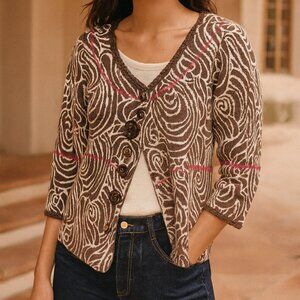 Nic + Zoe Cardigan Sweater M Silk Blend Brown Abstract Print Funky Buttons Y2K